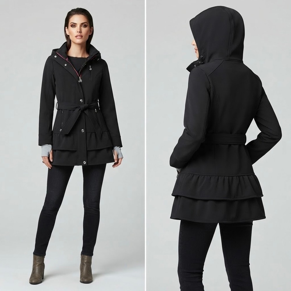 Betsey Johnson Womens Black Ruffle Hem Hooded Softshell Trench Coat Jacket XS